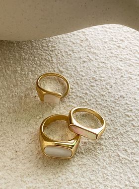 轻奢天然白贝母镀真金通用戒指