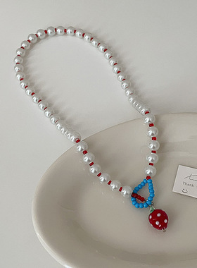 趣味红色草莓珍珠串珠项链女甜美