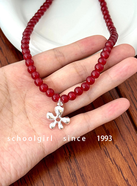 日韩新款显白高级感花朵红色串珠项链小众设计简约百搭锁骨链
