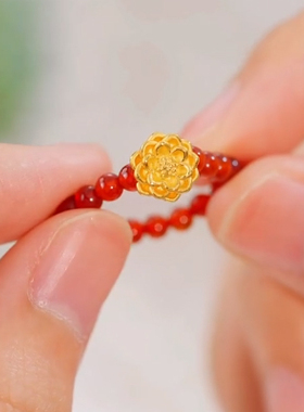 新款5d硬金天然玛瑙黄金戒指女士莲花指环沙面压光工艺情人节礼物