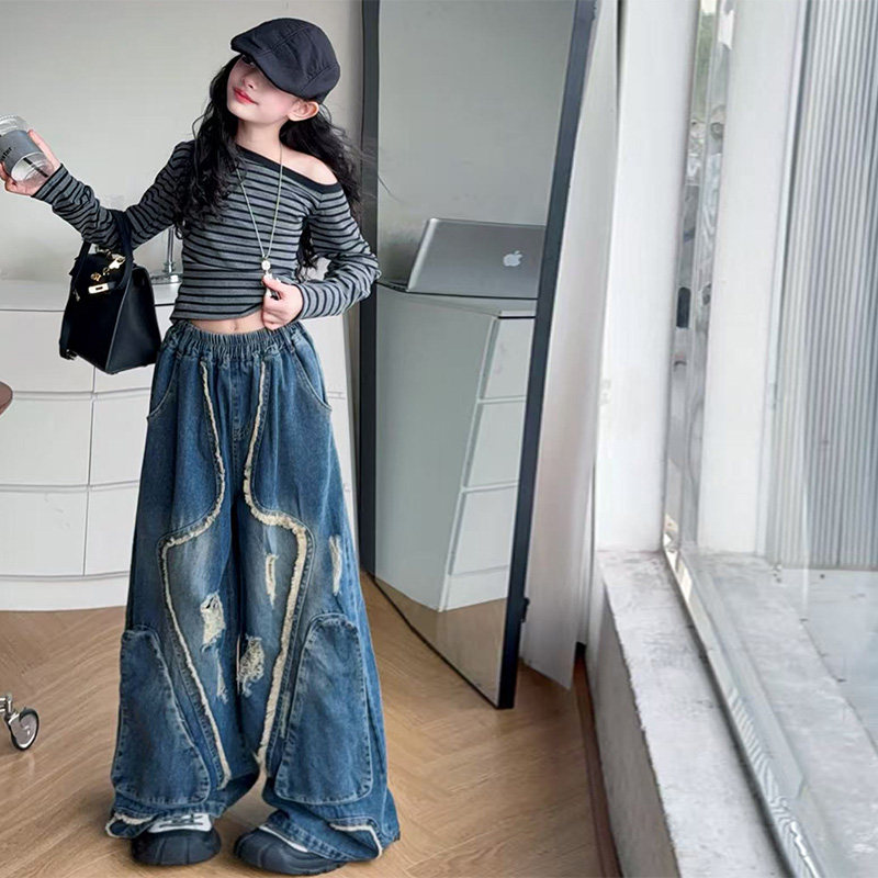 美式高街设计感解构流苏破洞牛仔裤女童2025秋季新款复古拖地裤,淘宝优惠券,粉丝福利购,淘宝优惠卷
