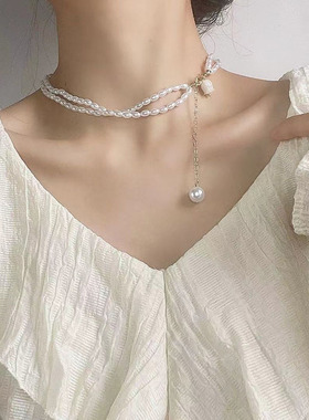 choker简约小众复古双层珍珠项链女ins潮仙气锁骨链脖颈链饰品