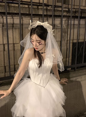 新娘蝴蝶结白色头纱超仙