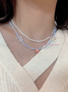 春季双层串珠蝴蝶项链女高级设计感小众锁骨链颈链2022年新款配饰