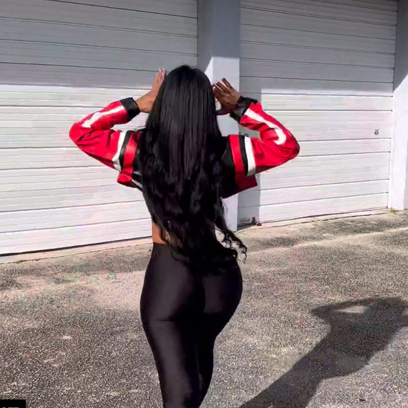 春秋季新款长袖立领撞色短款运动外套女休闲PU仿皮夹克百搭上衣潮,淘宝优惠券,粉丝福利购,淘宝优惠卷