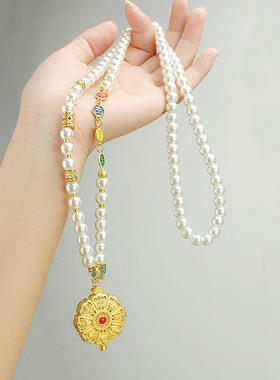 复古新中式圆牌仿珍珠长款项链女古风国风毛衣链轻奢旗袍配饰批发