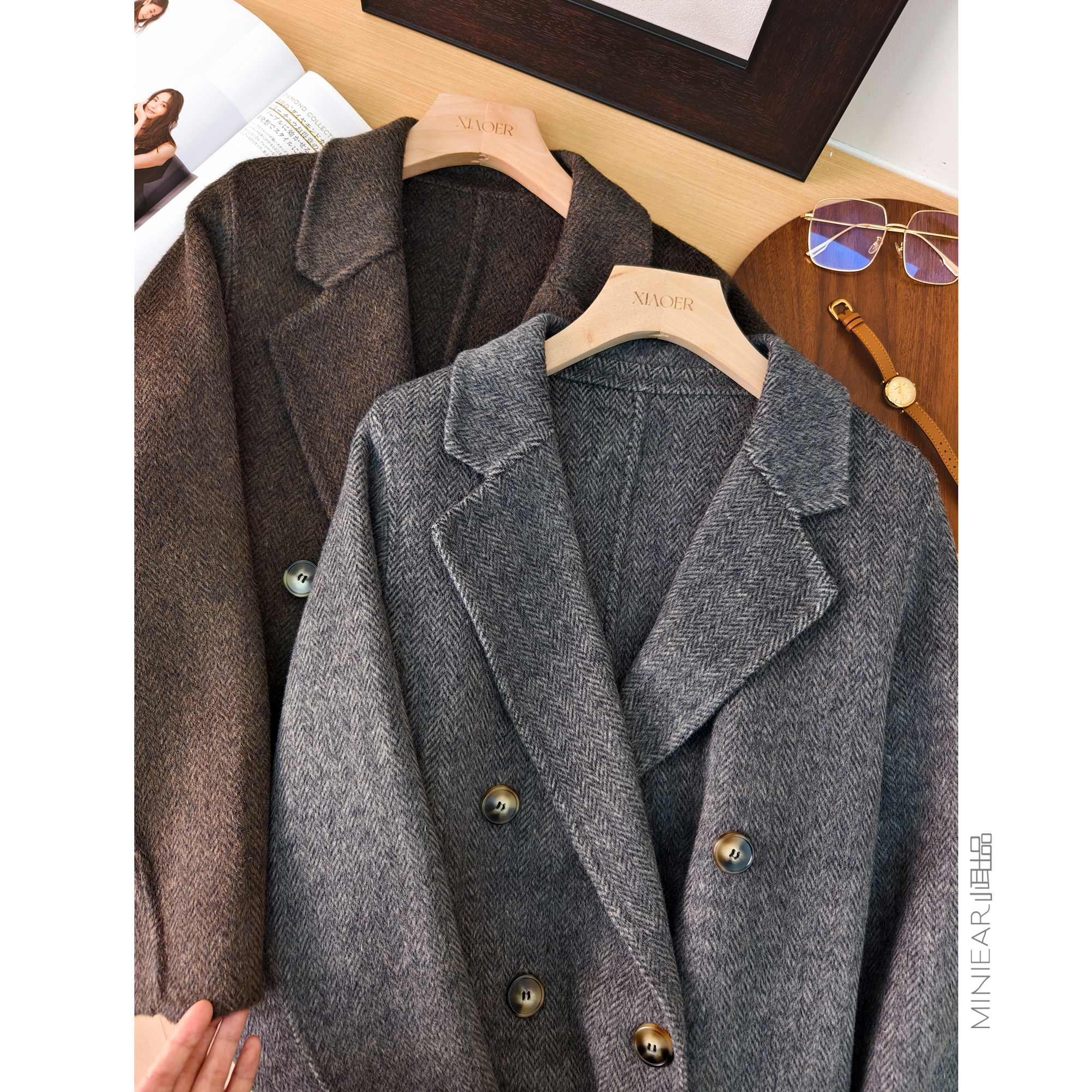小耳出品【全*贤大衣】重磅人字纹羊毛/起绒缩呢翻领长款毛呢外套 - 图3