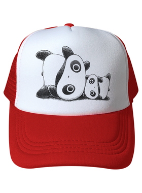 可爱趴趴熊猫网帽户外遮阳帽Panda卡通印花儿童帽子亲子防晒帽子