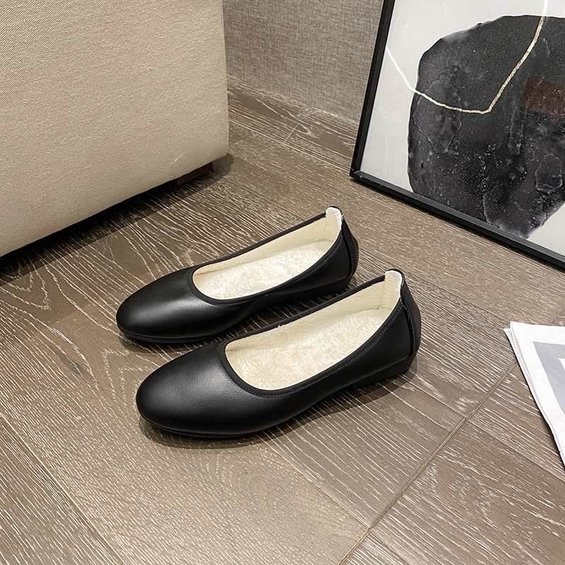 黑色真皮单鞋工作加绒女保暖平底上班毛毛厨房餐厅女鞋圆头羊毛鞋 - 图1