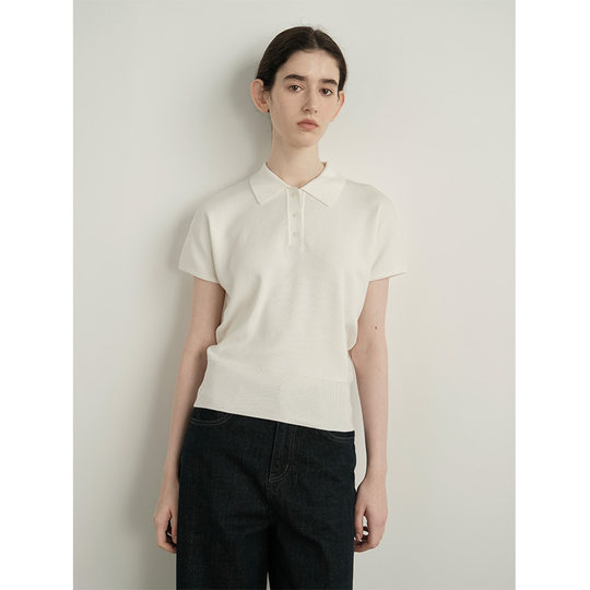 LINHOUSE复古白色Polo衫针织短袖上衣夏季通勤休闲学院气质t恤女