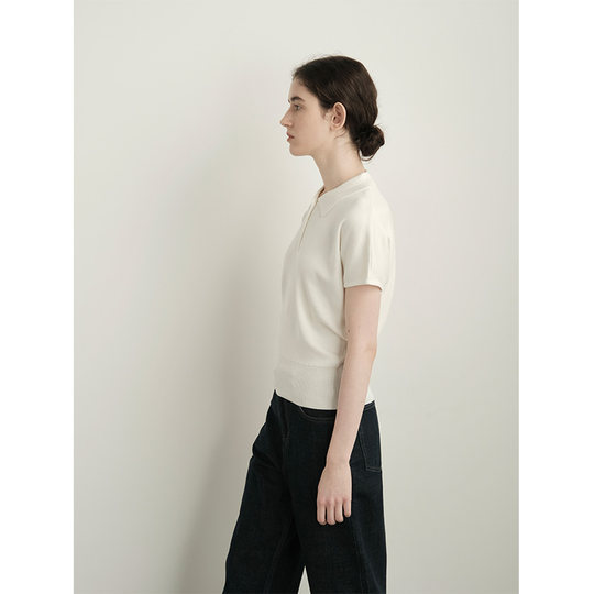 LINHOUSE复古白色Polo衫针织短袖上衣夏季通勤休闲学院气质t恤女