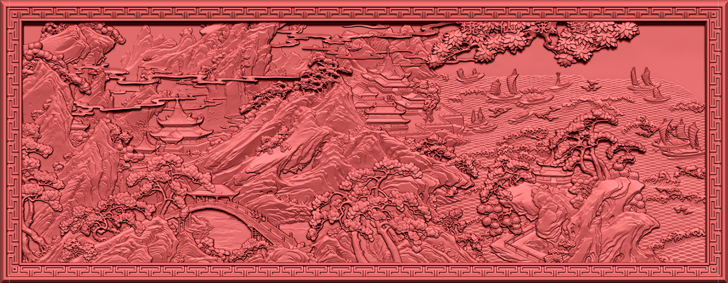 可定做成仿古砖雕挂件---蓬莱仙岛精雕图山水浮雕图扫描图灰度图-图1