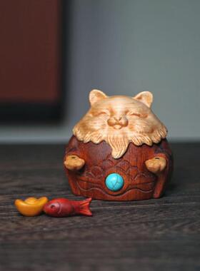 木雕猫咪摆件桌面摆件可爱动物装饰品元宝小鱼招财进宝工艺品拼接