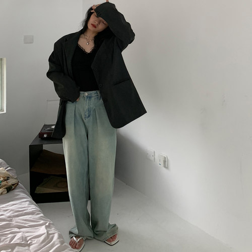 洛边 按头安利～ 小众复古洗水牛仔裤女初秋新款宽松直筒阔腿长裤 - 图3