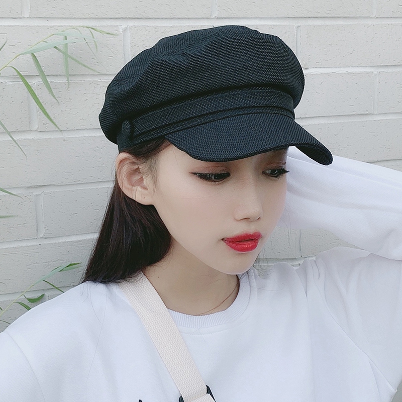 Light luxury hat日本棉麻平顶海军帽子女春夏网红款ins日系复古英伦八角贝雷帽潮0