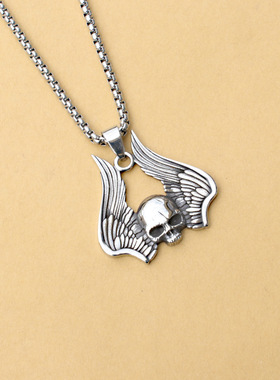 欧美嘻哈骷髅吊坠不锈钢项链个性翅膀男生女生百搭跨境饰品批发