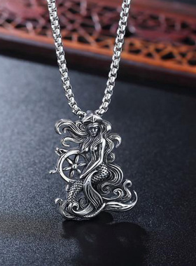 欧美美人鱼船锚海盗吊坠 跨境热销钛钢男士美女项链 厂家直销
