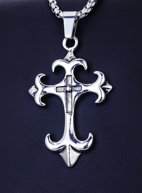 欧美跨境不锈钢项链十字架吊坠项饰简约复古不掉色男装百搭饰
