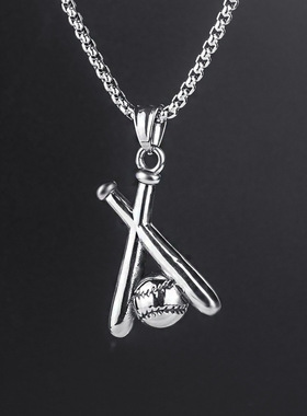 欧美日韩时尚双棒球棍六芒星项链挂饰男女钛钢长款男女不锈钢