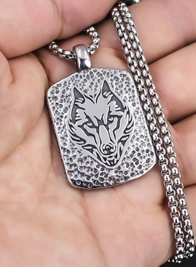 欧美跨境热销嘻哈HIPHOP饰品 钛钢狼头麻纹不锈钢项链吊牌吊坠