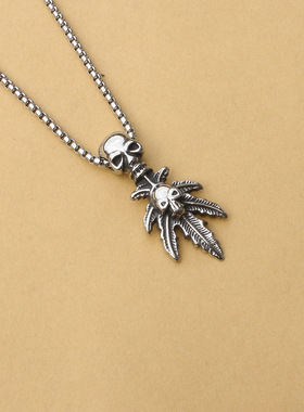 欧美时尚复古项链 霸气 树叶骷髅吊坠 钛钢潮人个性不锈钢项坠项