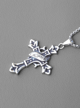 批发百搭高级感欧美钛钢十字架吊坠男士项链毛衣链网红不锈钢配饰