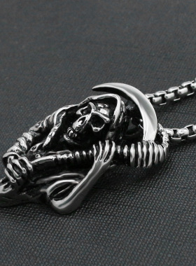 2023日韩骷髅死神镰刀吊坠项链霸气个性钛钢朋克潮男项坠不锈钢