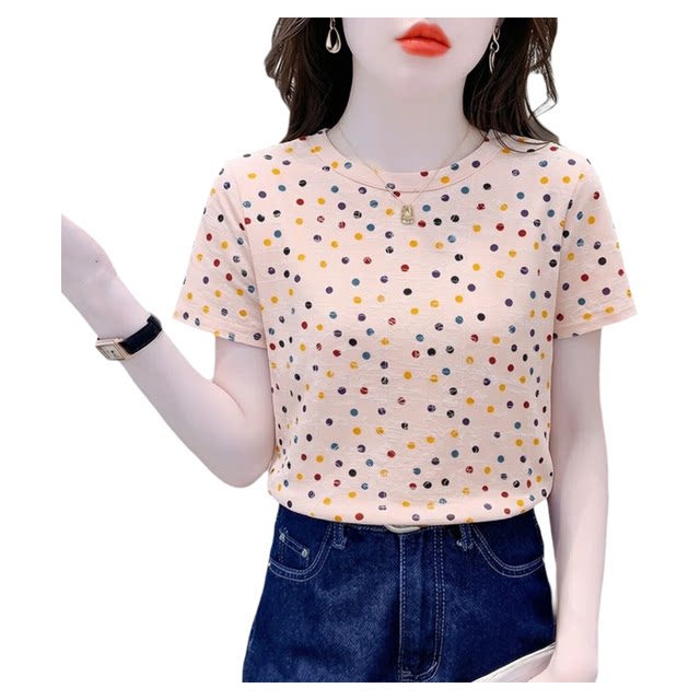 ເສື້ອຍືດແຂນສັ້ນ polka dot ທີ່ມີສີສັນສໍາລັບແມ່ຍິງ 2026 ບຸກຄະລິກລັກສະນະໃຫມ່