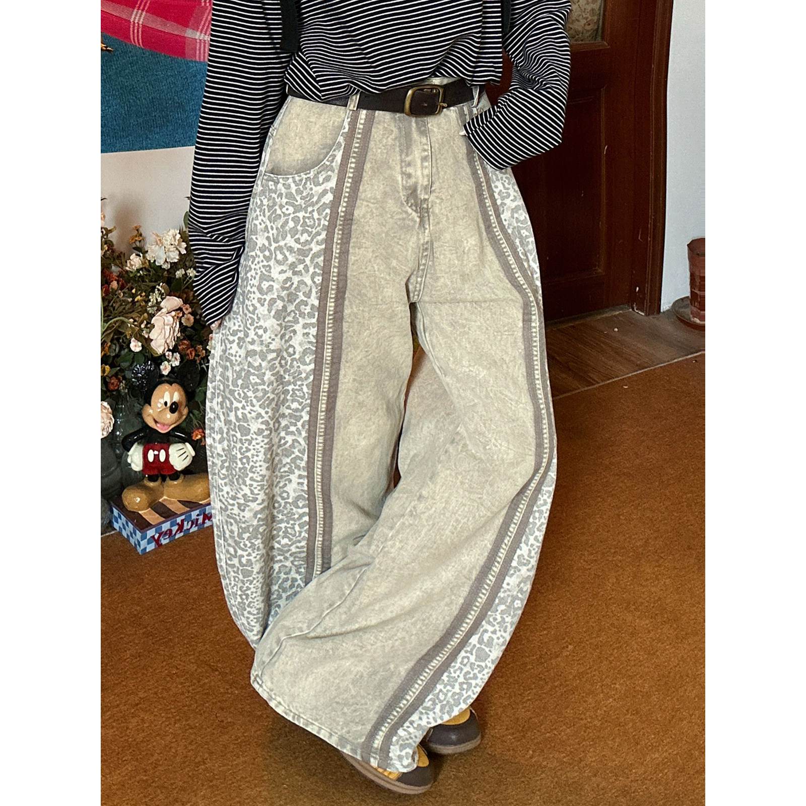 【新品买二送一】复古豹纹拼接阔腿裤女老钱风立体剪裁弯刀裤长裤,淘宝优惠券,粉丝福利购,淘宝优惠卷