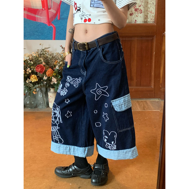 C2 homemade / Korean style ຫນ້າສົນໃຈເສັ້ນ graffiti ແບບ denim cropped pants ສໍາລັບແມ່ຍິງ summer ໃຫມ່ວ່າງ slimming ຂາກວ້າງ