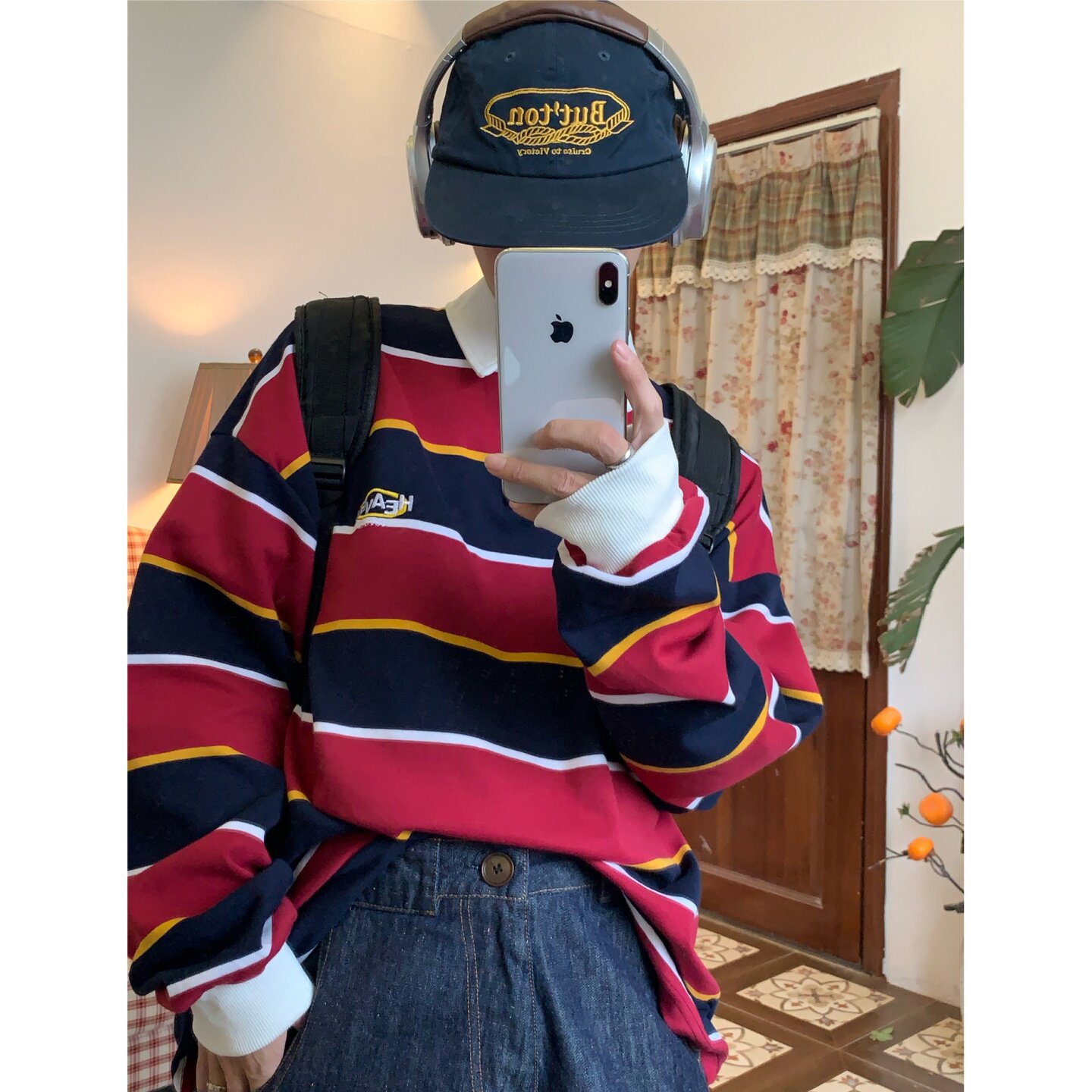 C2自制/美式复古条纹长袖翻领T恤男女秋季宽松休闲撞色学院风上衣