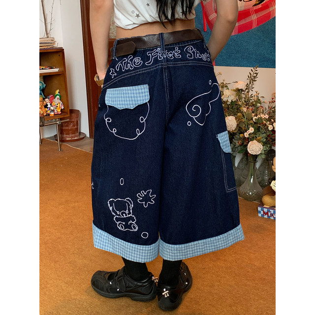C2 homemade / Korean style ຫນ້າສົນໃຈເສັ້ນ graffiti ແບບ denim cropped pants ສໍາລັບແມ່ຍິງ summer ໃຫມ່ວ່າງ slimming ຂາກວ້າງ
