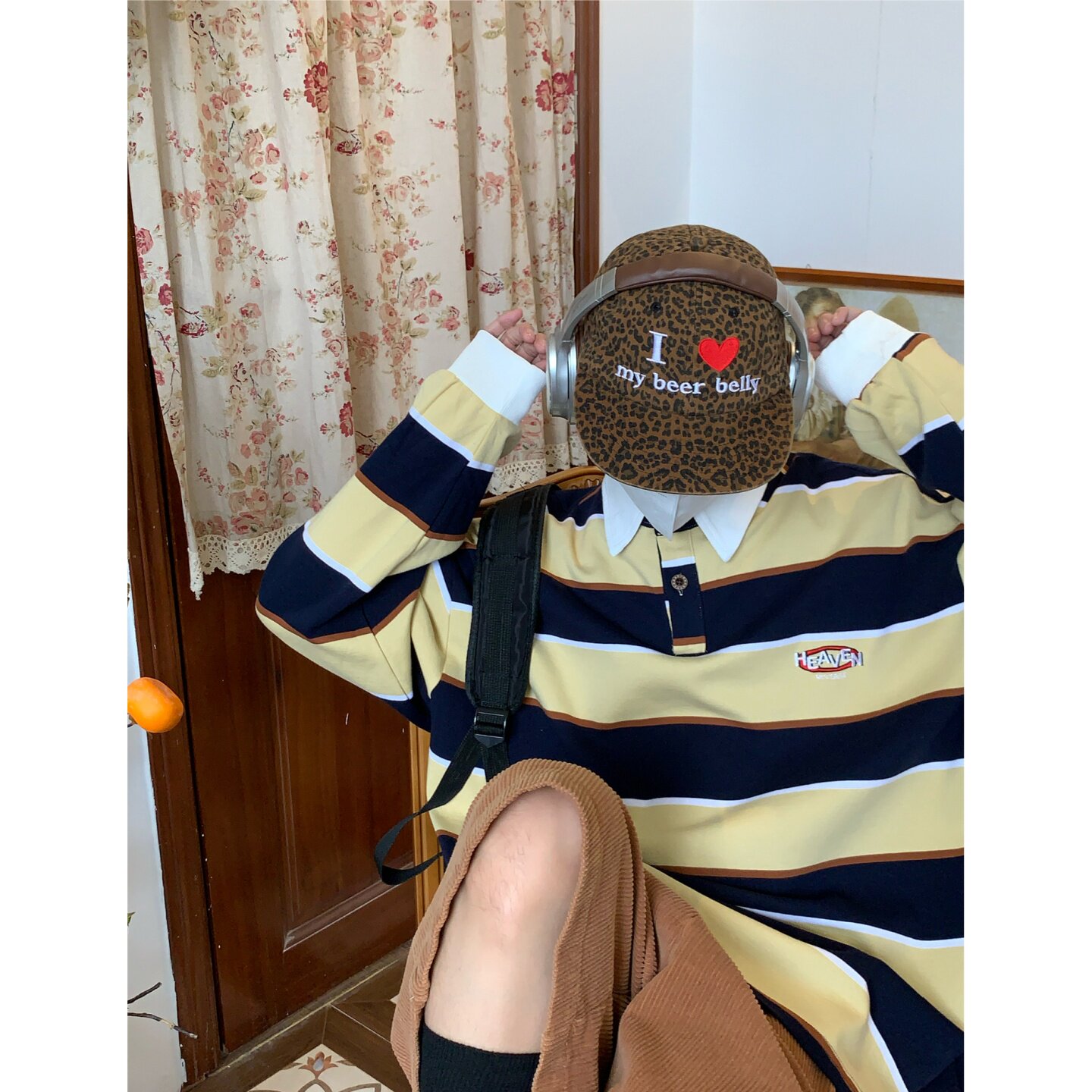 C2自制/美式复古条纹长袖翻领T恤男女秋季宽松休闲撞色学院风上衣