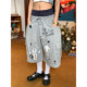 C2 homemade/American retro workwear style printed cropped trousers women's spliced waist wide leg casual pants new summer style