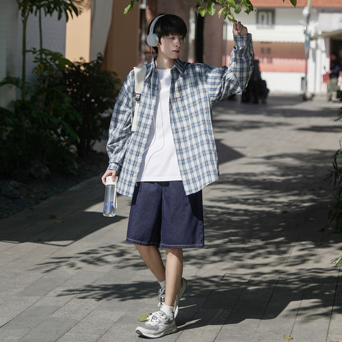 GOOZI MADE 少年感蓝白格子衬衫男秋季宽松翻领刺绣长袖衬衣外套 - 图3