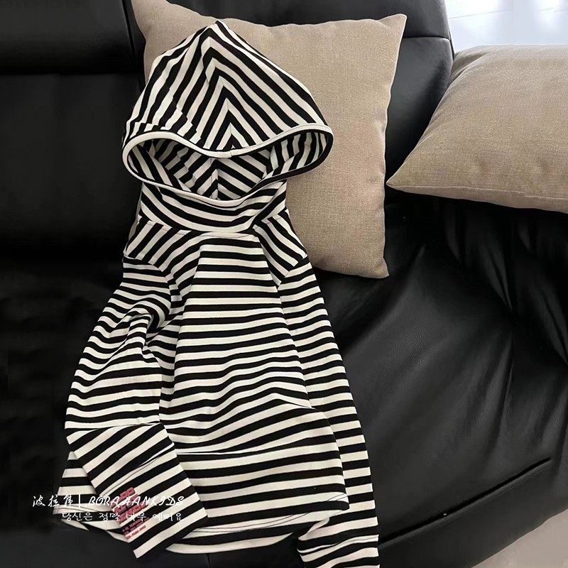 女童条纹长袖T恤2025新款秋季中大儿童连帽卫衣男童套头打底衫潮,淘宝优惠券,粉丝福利购,淘宝优惠卷