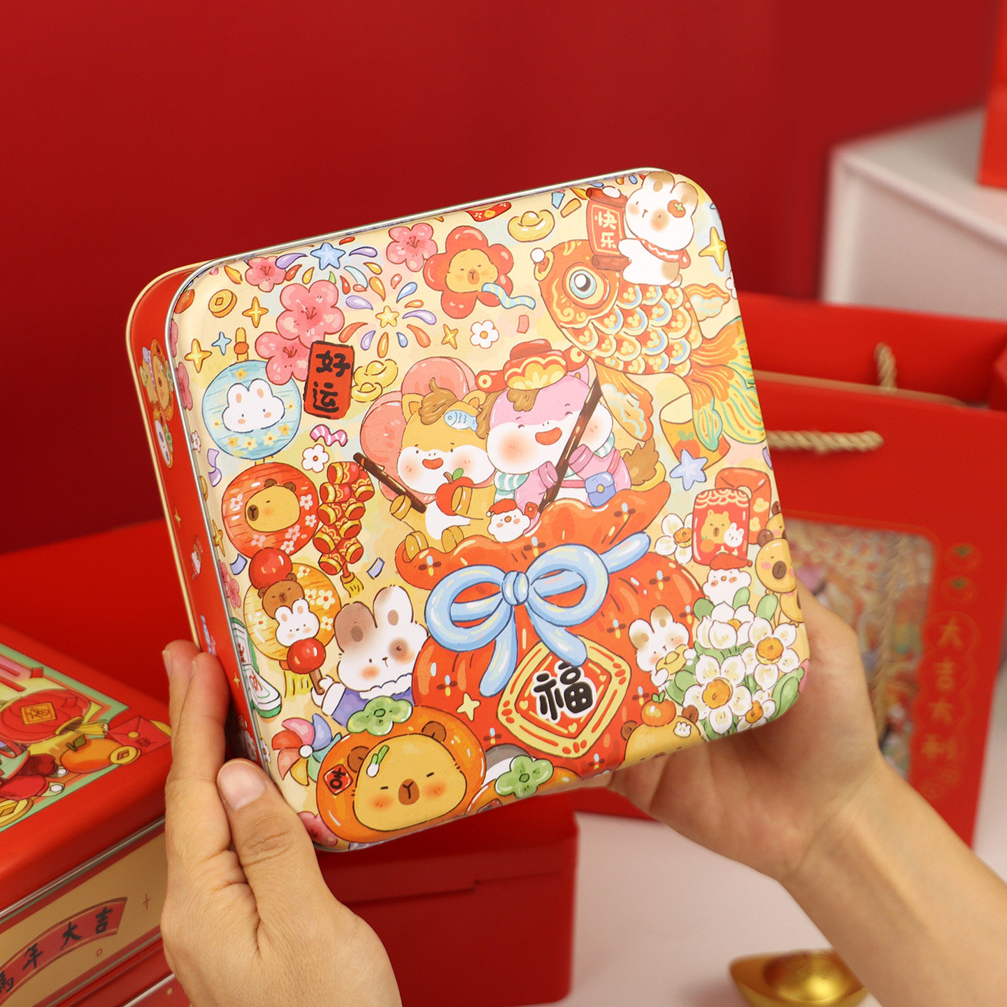 马年生肖原创手绘正方形曲奇饼干雪花酥糖果点心礼品包装马口铁盒,淘宝优惠券,粉丝福利购,淘宝优惠卷