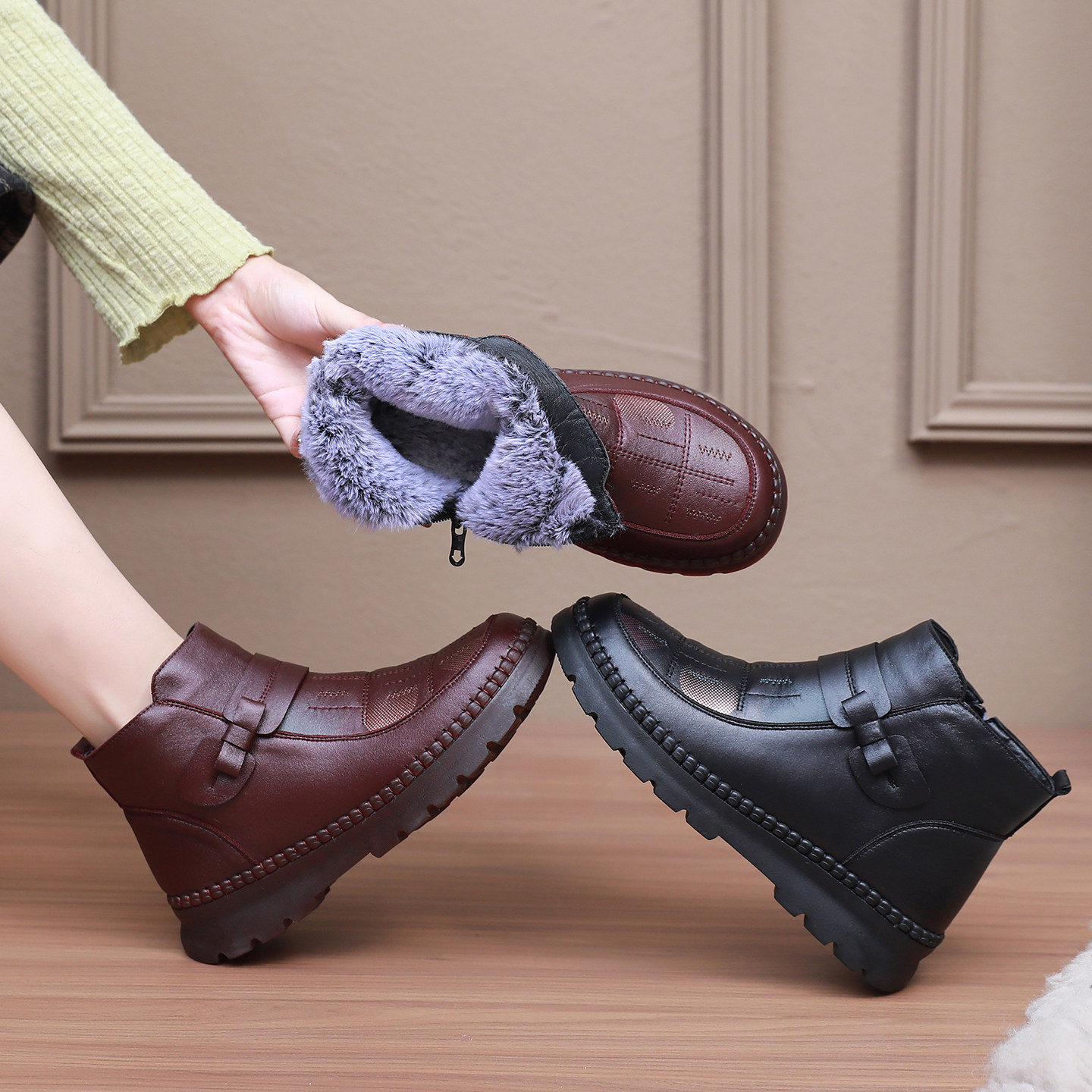 冬季老北京布鞋女棉鞋加绒保暖妈妈鞋防滑侧拉链短靴老人鞋奶奶鞋,淘宝优惠券,粉丝福利购,淘宝优惠卷