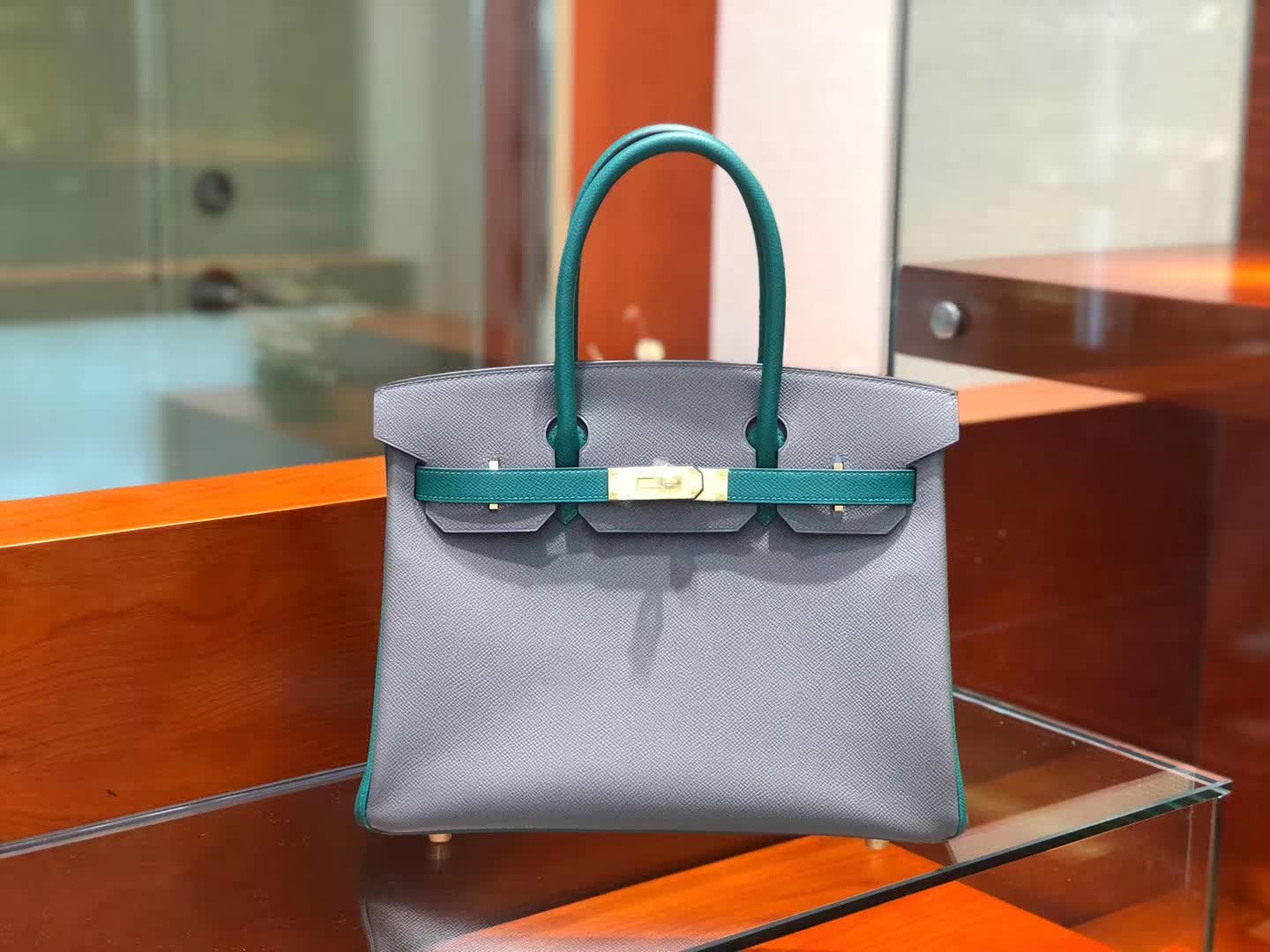 H家Birkin30Epsom皮铂金包真牛皮高定制全手工缝蜡线拼接女手提包 - 图1