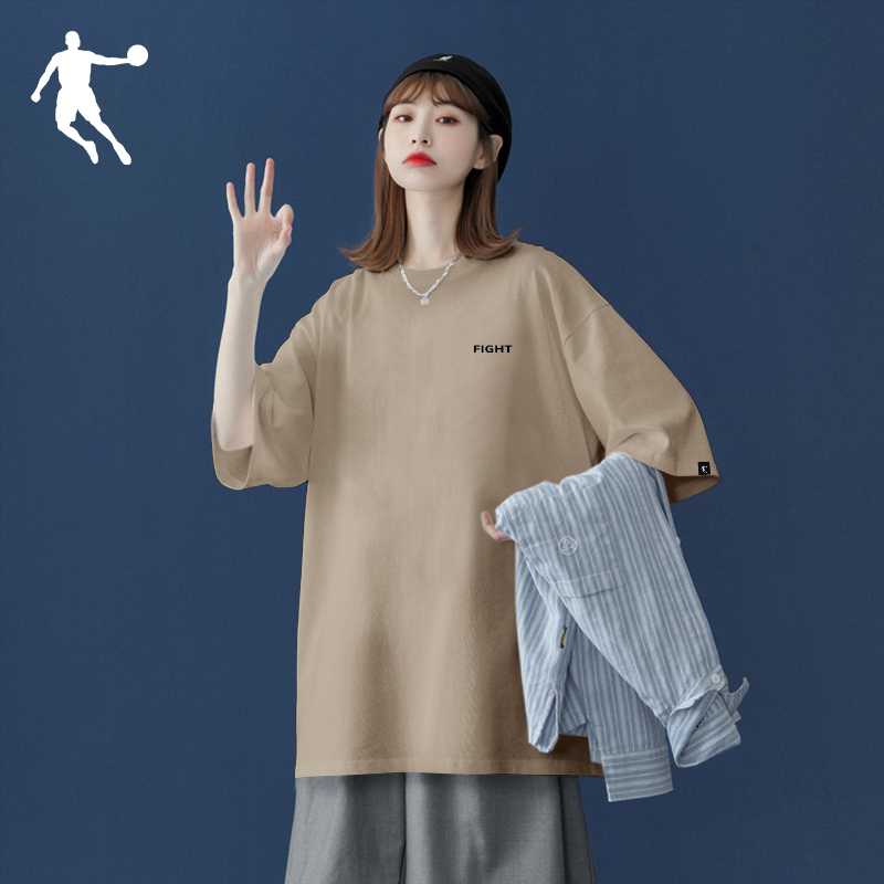 中国乔丹短袖t恤女夏季新款宽松透气圆领上衣粉色百搭半袖T恤大码