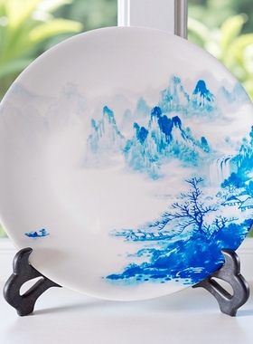 新中式山水陶瓷摆盘中式青花瓷摆件书桌桌面摆放玄关博古架装饰品