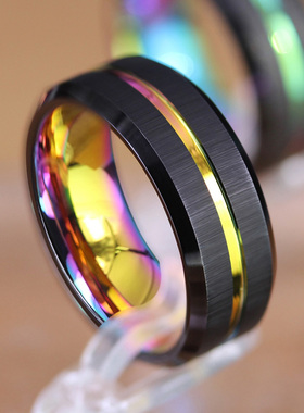 新款钨金拉丝渡黑凹槽炫彩戒指