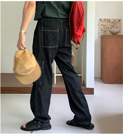 韩国男装东大门代购口袋明线牛仔裤男女BF宽松小众设计感炸街直筒 - 图2