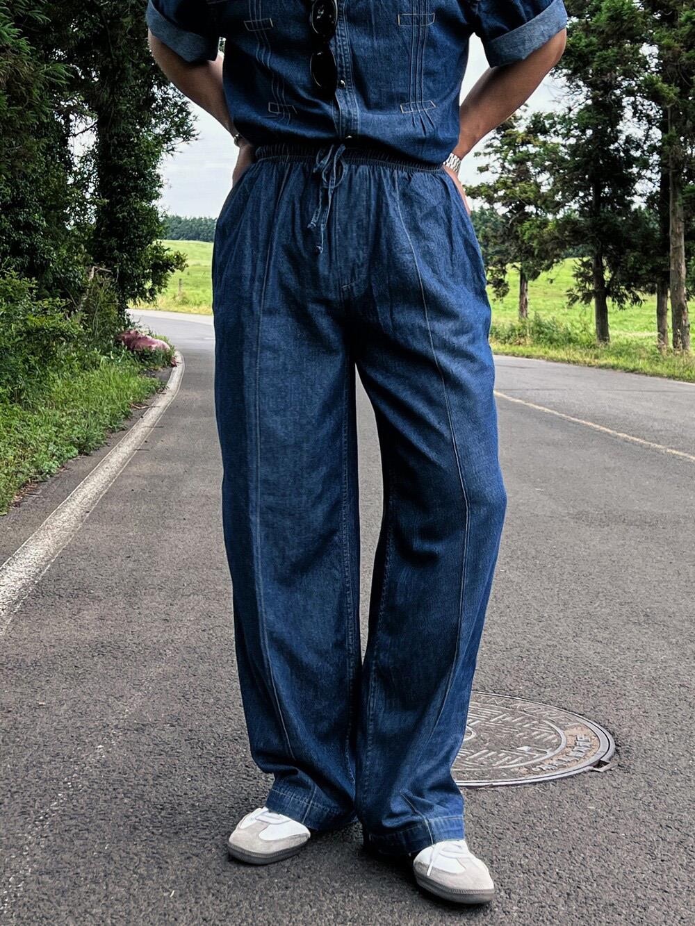 小北韩国代购男装东大门牛仔裤宽松个性直筒高腰薄款纯色长裤流行