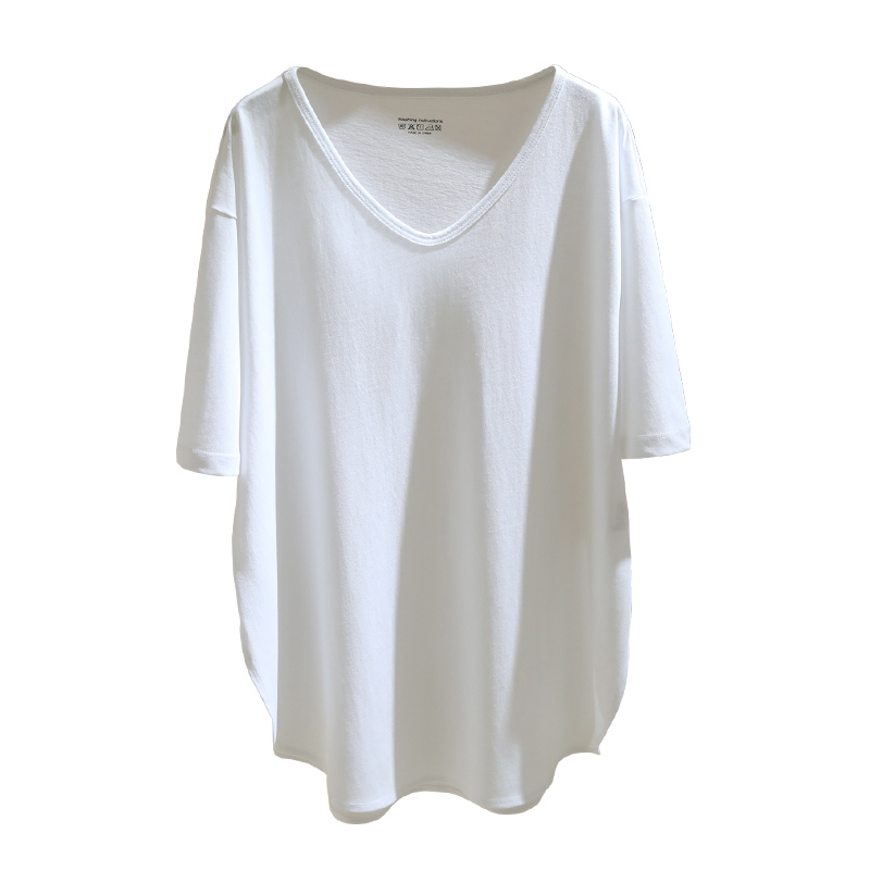 白色V领t恤女短袖2023夏季新款宽松显瘦中长百搭开叉半袖体恤上衣