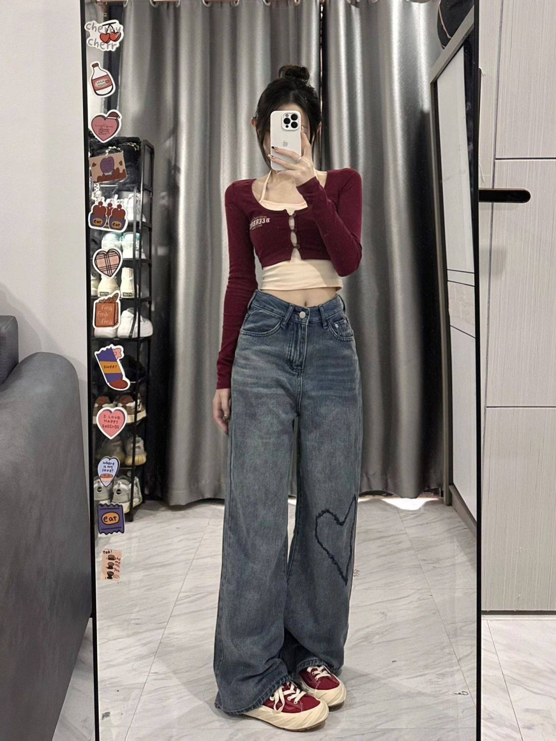 夏季中大童新款美式高街牛仔裤爱心印花设计感高腰学生直筒拖地裤,淘宝优惠券,粉丝福利购,淘宝优惠卷