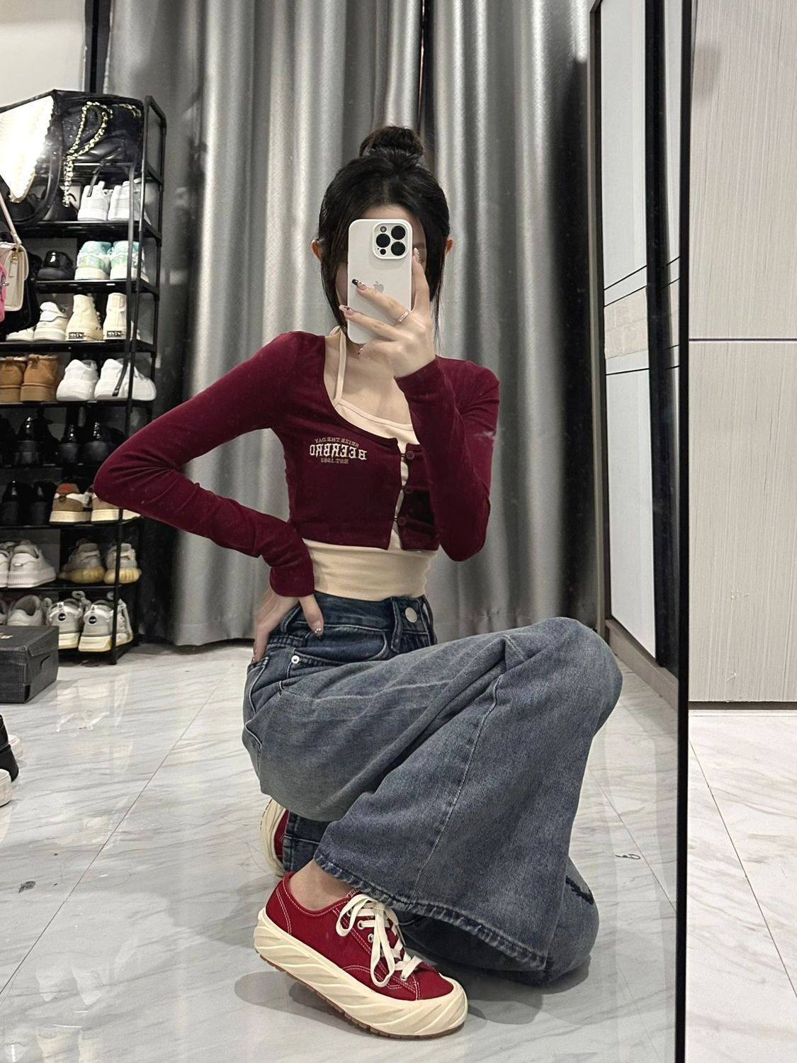 夏季中大童新款美式高街牛仔裤爱心印花设计感高腰学生直筒拖地裤,淘宝优惠券,粉丝福利购,淘宝优惠卷