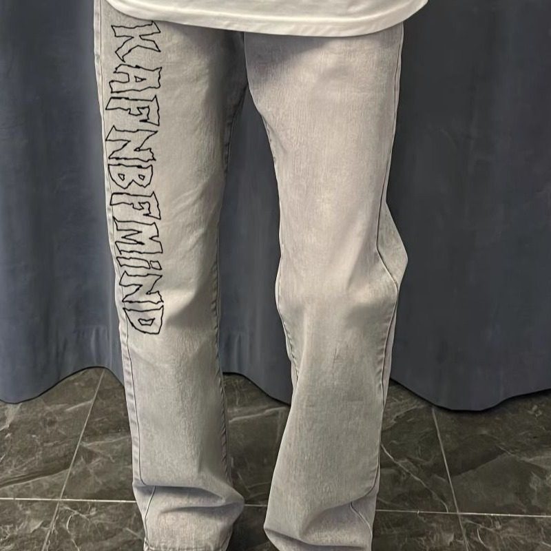 中大童美式高街字母印花牛仔裤休闲潮ins直筒黑色烟灰色裤子男女,淘宝优惠券,粉丝福利购,淘宝优惠卷