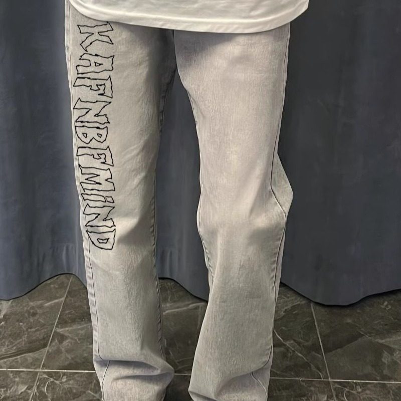 中大童美式高街字母印花牛仔裤休闲潮ins直筒黑色烟灰色裤子男女,淘宝优惠券,粉丝福利购,淘宝优惠卷