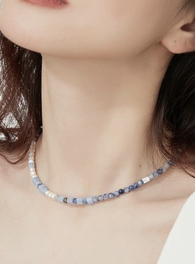 天蓝色蓝点轻奢天然石拼接白贝壳竹节链女珍珠项链轻小众奢链锁骨